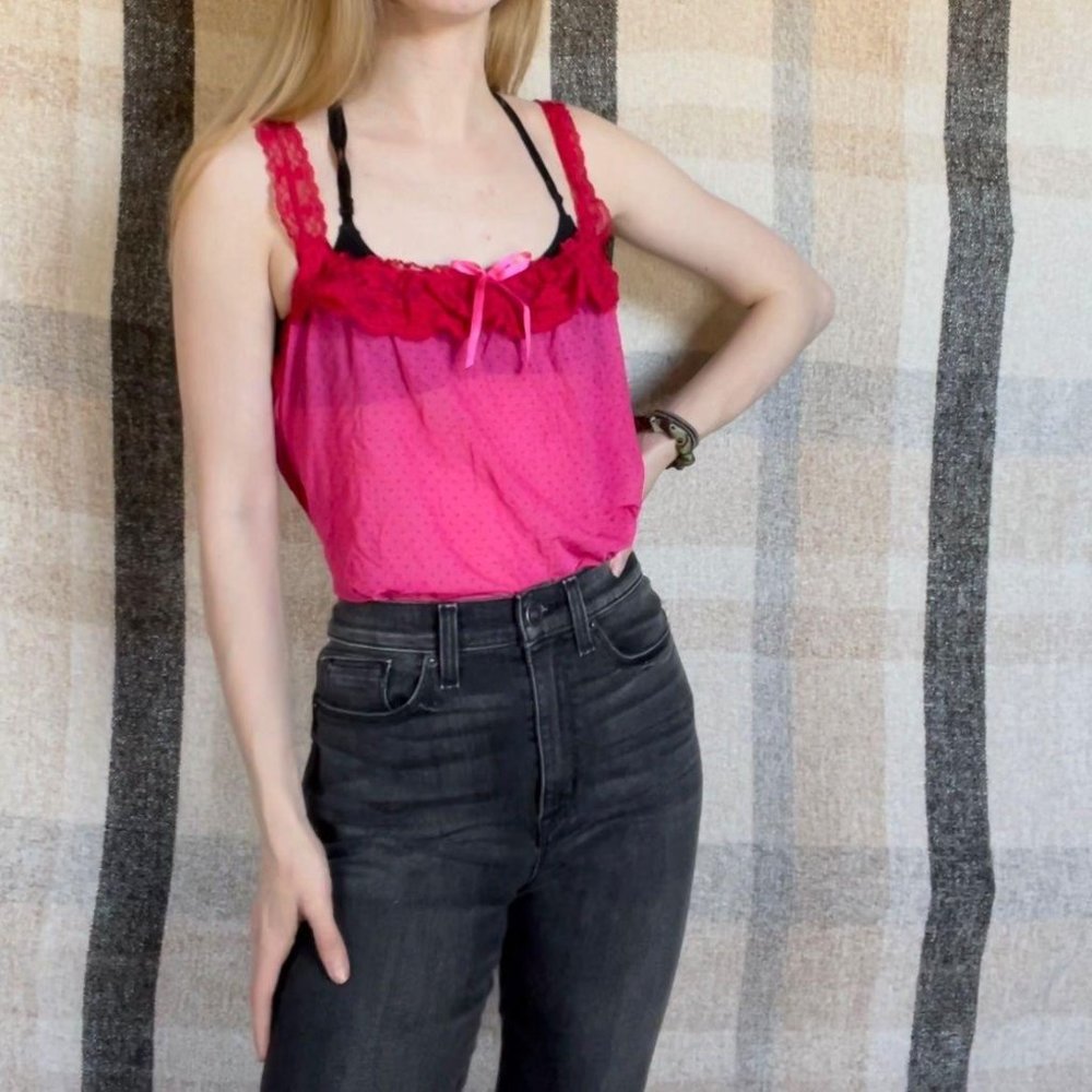 Vintage Victoria's Secret Pink/Red Lace Ruffle Cami